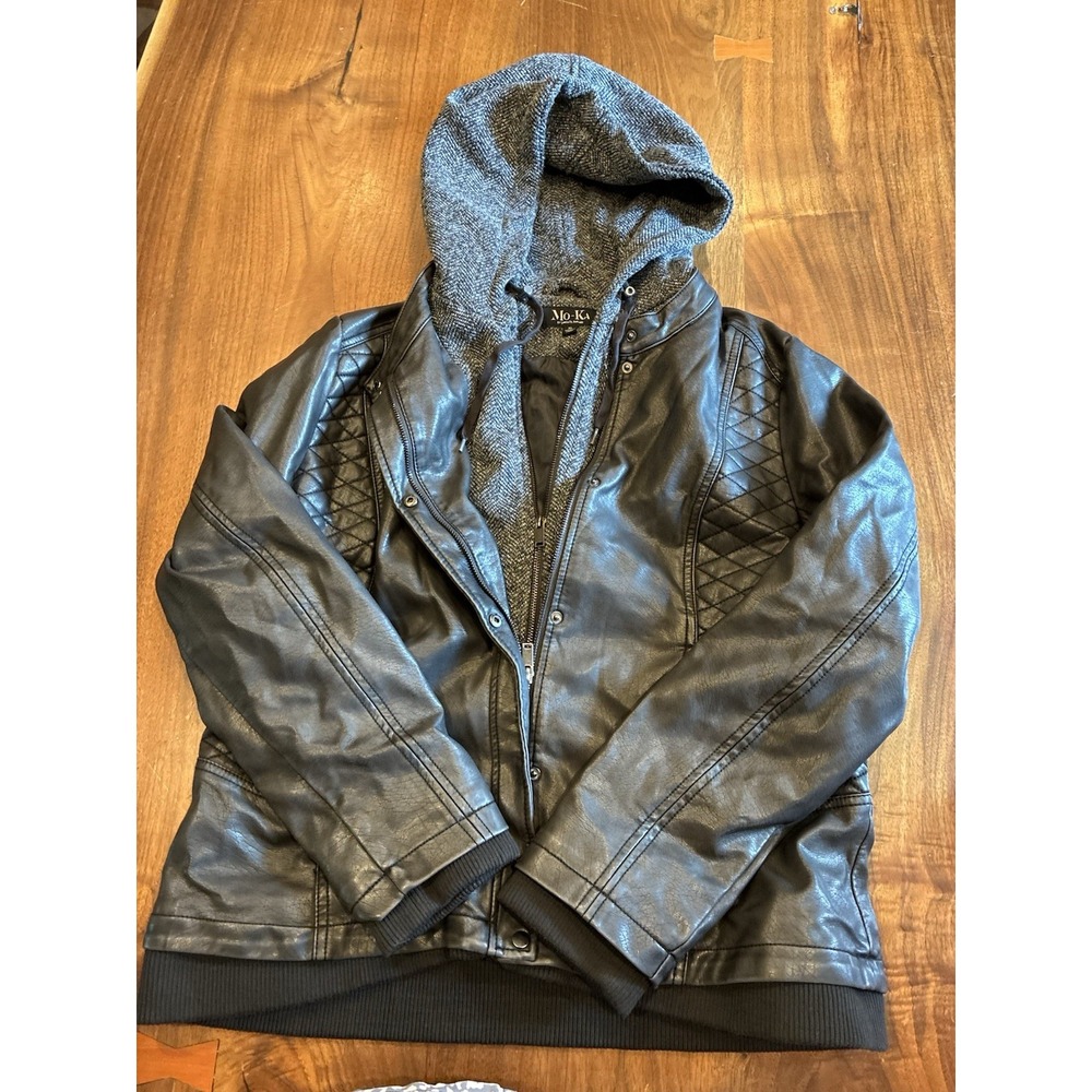 Mo-Ka by Santa Fe Apparel Womens Gray Faux Leather Layered Jacket XL Hooded